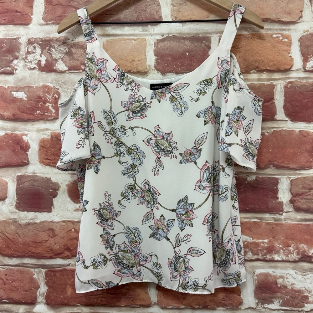 Adrienne Vittadini Top Womens M White Multicolor Floral Vine Cold Shoulder Shirt